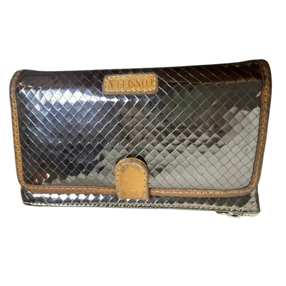 Consuela Metallic Silver Wallet Clutch Tan Leather Zip Card Organizer Boho